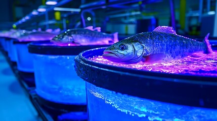 Freshwater fish swimming in illuminated tanks at an aquaculture facility showcasing modern farming