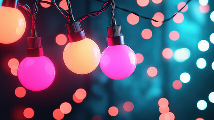 Wall Mural - pink and yellow light bulbs with bokeh background. holiday decoration concept