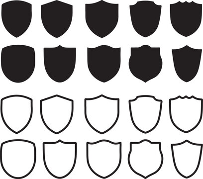 Shield icon. Heraldic shield set. Black knight award contours and linear signs. Protect shapes silhouette. Vector illustration