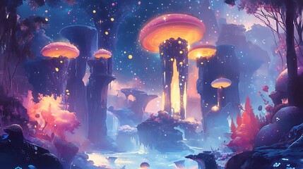 Wall Mural - Enchanting Fantasy Landscape with Glowing Mushroom Structures