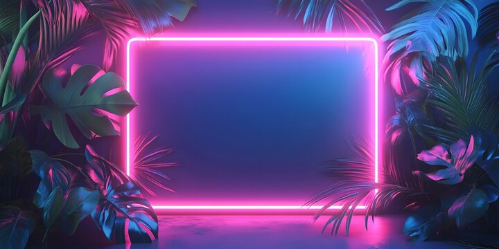 Neon frame sign in the shape of a rectangle with tropical leaves and copy space, Generative Ai