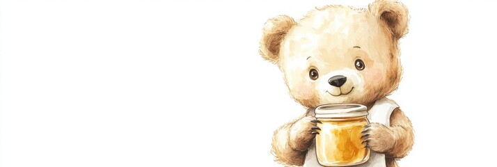 Poster - Cute illustrated bear holding a jar of honey in a whimsical forest setting during a bright day. Generative AI