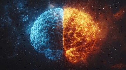 Wall Mural - Ice and fire brain hemispheres in space.