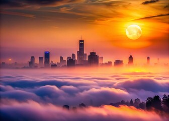 Wall Mural - Hazy Sunset City Skyline with Bright Moon Long Exposure Stock Photo