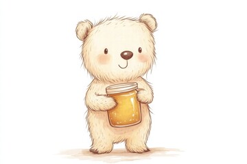 Poster - Cute bear character holding a jar of honey in a playful illustrated style during a sunny day. Generative AI