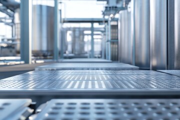 Poster - Industrial facility showcasing metallic surfaces and equipment under bright lighting