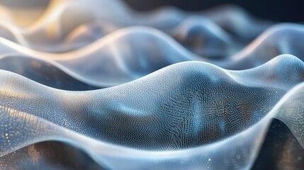 Poster - Artistic illustration of quantum mechanics with layered, translucent waves intersecting in a metallic environment