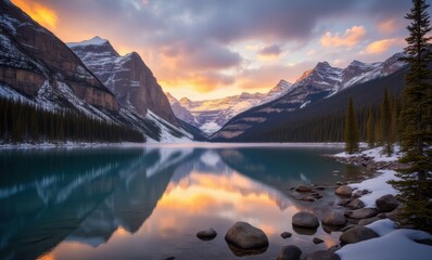 Wall Mural - Stunning mountain lake at sunset