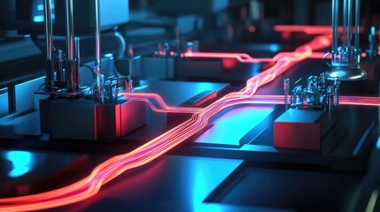 Wall Mural - Artistic rendering of quantum circuits forming light trails as they connect different quantum processors in a lab setup