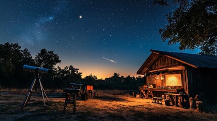 Wall Mural - a rustic astronomy workshop with telescopes and star maps under the night sky
