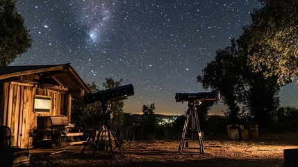 Wall Mural - a rustic astronomy workshop with telescopes and star maps under the night sky