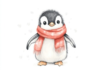 Poster - Cute illustrated penguin wearing a warm red scarf in a snowy winter setting with soft snowflakes in the background. Generative AI
