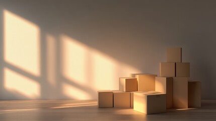 Sticker - Sunlit Cardboard Boxes Stacked In Empty Room