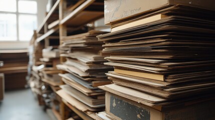 Sticker - Cardboard Sheets Stacked on Wooden Shelves in a Room