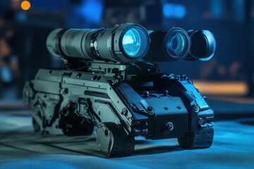 Poster - Advanced robotic device equipped with high-tech surveillance cameras in a dark environment