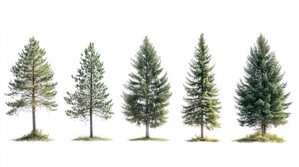 Forest trees isolated on white background. green nature foliage environment, summer plant growth, botany park flora, organic greenery.