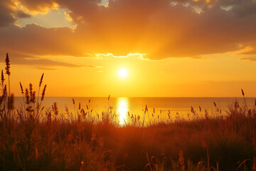 Wall Mural - a peaceful image of a golden sunset over a calm sea or meadow, symbolizing the end of a journey, wit