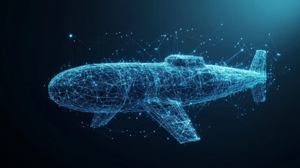 Poster - Hologram submarine. Submarine made of polygons, triangles, dots, and lines. Low-poly submarine structure of connections. Technology concept vector.