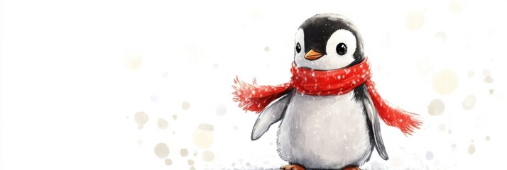 Poster - Cute illustrated penguin wearing a bright red scarf in a snowy landscape during winter. Generative AI