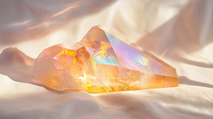 Poster - Holographic Crystal Reflecting Vibrant Colors in Soft Light Against a Textured Background