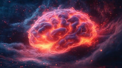 Poster - A glowing pulsating brain illuminating thoughts amidst a cosmic backdrop at night