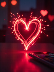 Poster - Creates Vibrant Light Effects With A Red Heart And Smartphone Theme In The Background. 00001