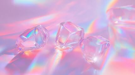 Poster - Crystal Holographic Shapes Reflecting Vibrant Colors on a Soft Background