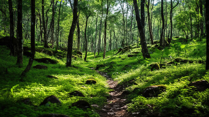 Wall Mural - Serene Forest Pathway in Sunlight