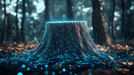 Poster - Hologram stump. Stump made of polygons, triangles, dots, and lines. Low-poly stump structure of connections. Technology concept vector.