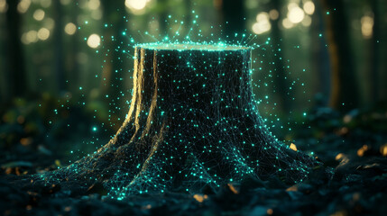 Poster - Hologram stump. Stump made of polygons, triangles, dots, and lines. Low-poly stump structure of connections. Technology concept vector.