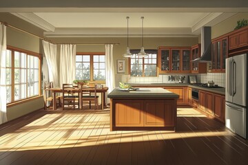 Wall Mural - Sunlit Kitchen With Island Dining Table And Wood Floors