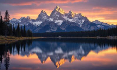 Wall Mural - Majestic mountain reflection at sunset.