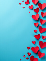 Poster - Red Paper Cut Heart Shapes Adorn A Blue Textured Background Leaving Space For Your Message, Suitable For Various Celebrations And Occasions. 00002