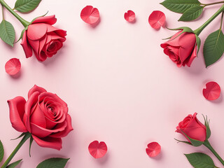 Aufkleber - Red Roses Illustration On A Flat Lay Background With Soft Pastel Colors In A Creative Concept. 00002