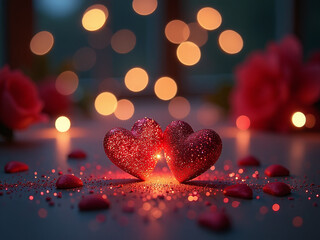 Aufkleber - Romantic Evening Setting Features Twinkling Lights, Sparkling Glitter, Shimmering Hearts, And A Soft Bokeh Effect In The Background. 00001
