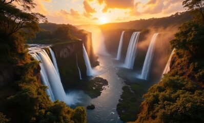 Wall Mural - Breathtaking sunset over cascading waterfalls