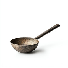 A rustic metal ladle with a weathered finish, perfect for serving soups and stews in a cozy kitchen setting.