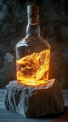 Canvas Print - Glowing Amber Liquid In Glass Bottle On Stone