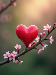 Wall Mural - small heart grows on tree branch amidst blooming flowers and blurred bokeh background with subtle de