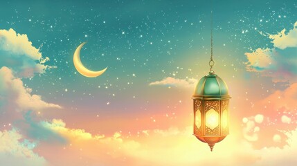 Wall Mural - Crescent moon and lantern against a serene twilight sky for Ramadan and Eid celebrations