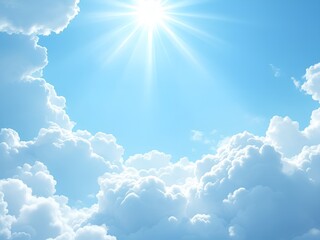 Wall Mural - a flyer featuring a light blue sky with soft, fluffy clouds and sun rays streaming down, evoking a s
