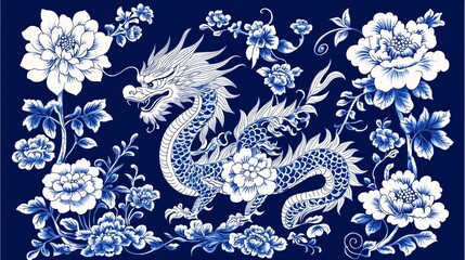  Traditional Blue and White Porcelain Dragon with Peonies Design