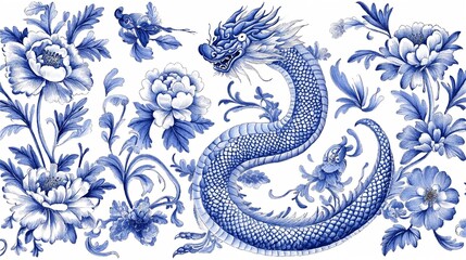  Elegant Blue Porcelain Dragon amongst Stylized Peonies Pattern