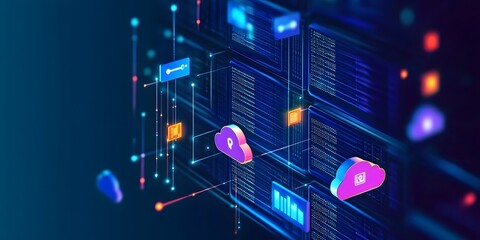 Server room, icon and cloud computing for software, digital or cybersecurity in information technology. Overlay for online storage, backup and app integration in data center or memory computer system.