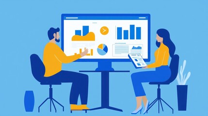 Poster - Business Data Analysis Team Collaboration: Reviewing Key Metrics and Insights on Large Computer Screen