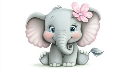 Poster - Cute elephant illustration featuring a smile and a flower on its head in a playful pose. Generative AI