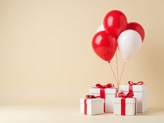 Poster - White Gift Boxes With Red Ribbons Are Tied To Red And White Balloons On A Light Beige Background For Special Occasions. 00001