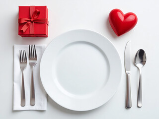 Poster - White And Red Table Setting Features A Top View Of Plate, Cutlery, Napkin, Gift Box With Bow And Valentine Heart For Love. 00002