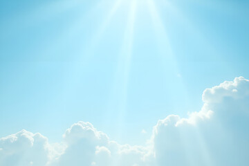 Wall Mural - a flyer featuring a light blue sky with soft, fluffy clouds and sun rays streaming down, evoking a s