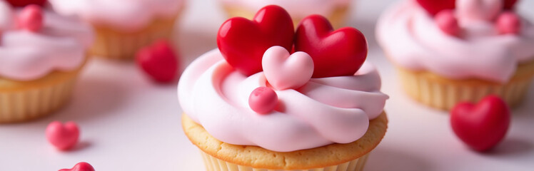 Poster - A Cupcake Or Tartlet With Pink Meringue Cream Is Decorated With Two Big Red Hearts And Small Heart Shape Candies. 00001